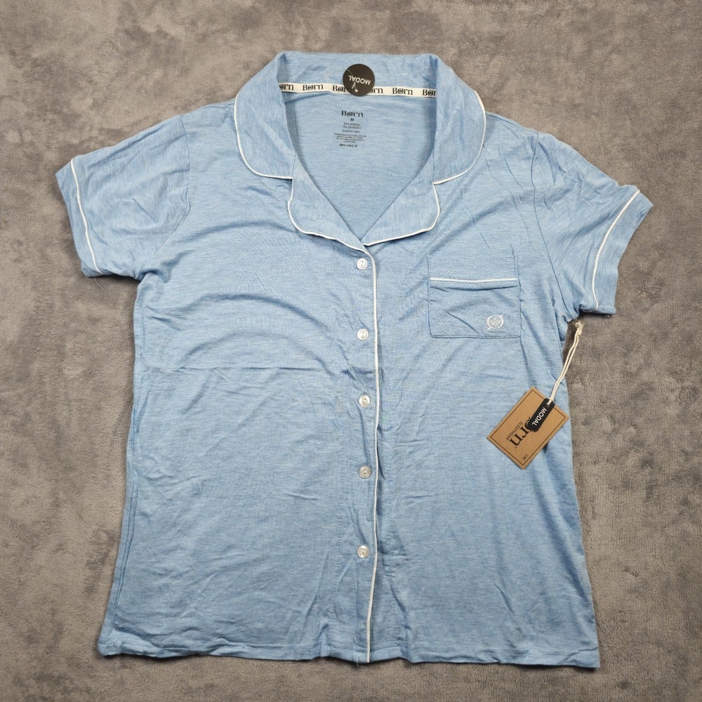 Born Pajama Shirt Women's Medium Blue Soft Button Up Sleepwear